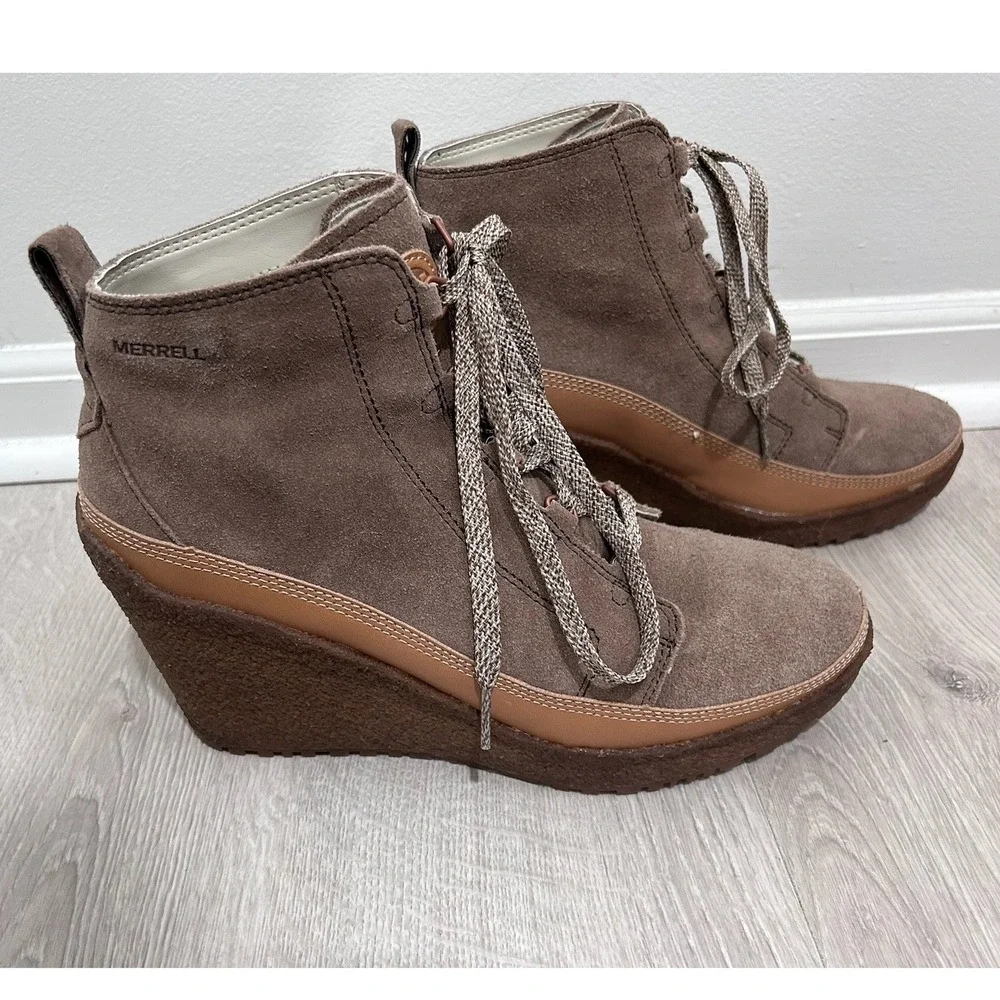 Merrell Tremblant Wedge Lace Up Suede Ankle Boots Womens 10‎ Brown Comfort